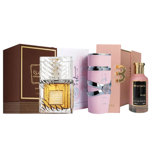 Kit 3 perfumes Rose, Khamrah Qahwa, Yara 100ml