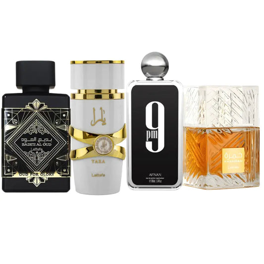 Kit 4 Perfumes Oud For Glory, Yara Moi, Khamrah, 9pm