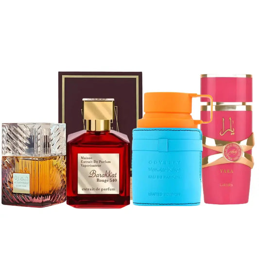 Kit 4 Perfumes Khamrah Dukhan, Yara Candy, Rouge 540, Mandarina Sky